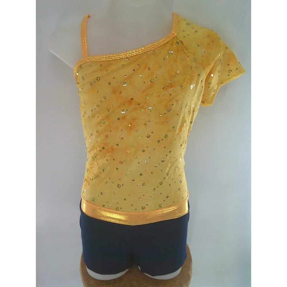 Pre-Owned Dance Costume AWCT  XL Child Yellow Romper Jazz Tap Sequins